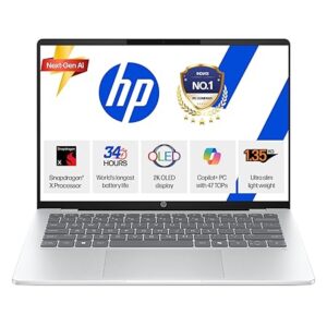 hp omnibook 5 oled (previously pavilion), snapdragon x processor (16gb lpddr5x, 512gb ssd) 2k, 14''/35.6cm, win11, m365 basic(1yr)* office24, silver, 1.35kg, he0014qu, light weight, next gen ai laptop